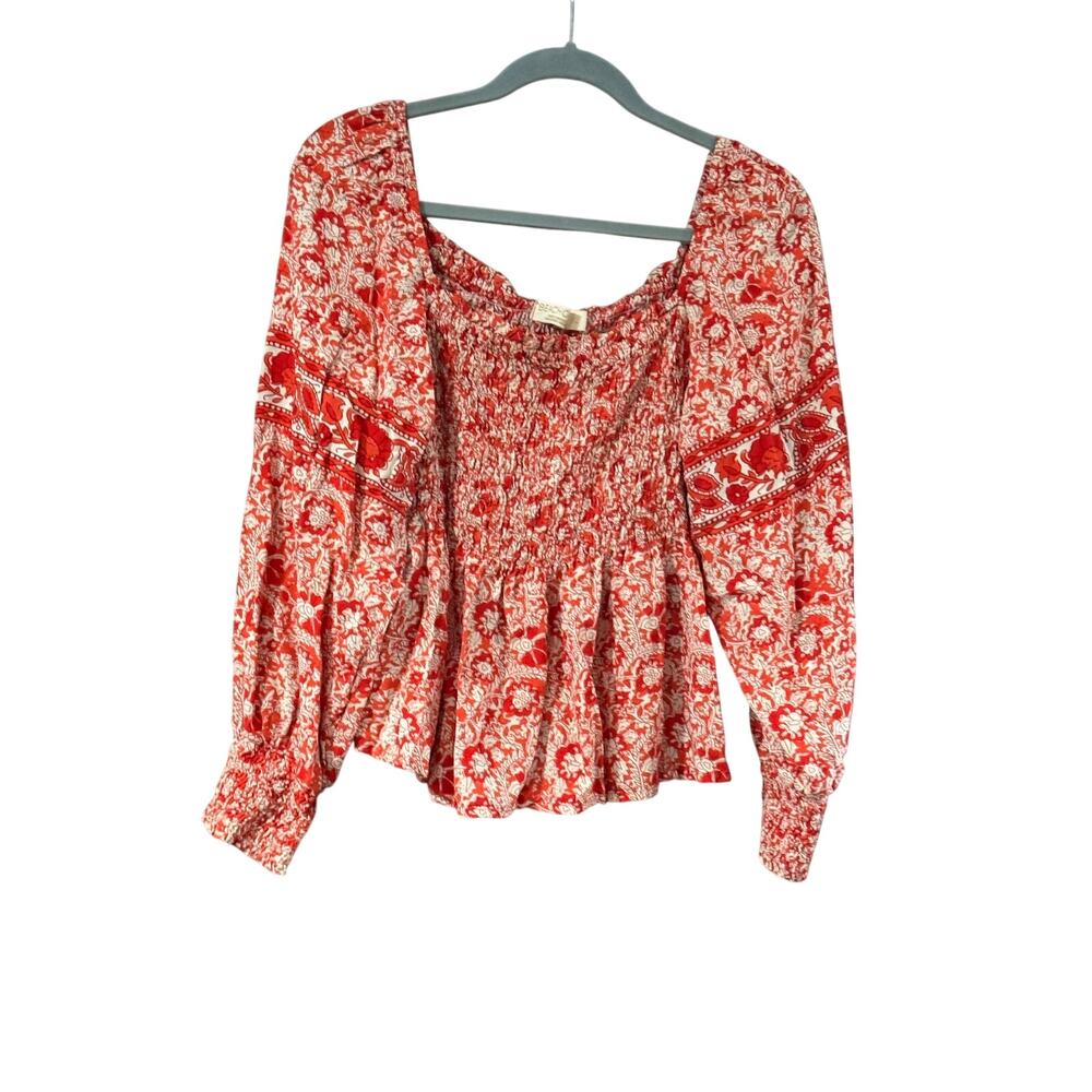 BeachGold Bali Smocked Peasant Top | Women’s XL | Red Floral Boho Blouse